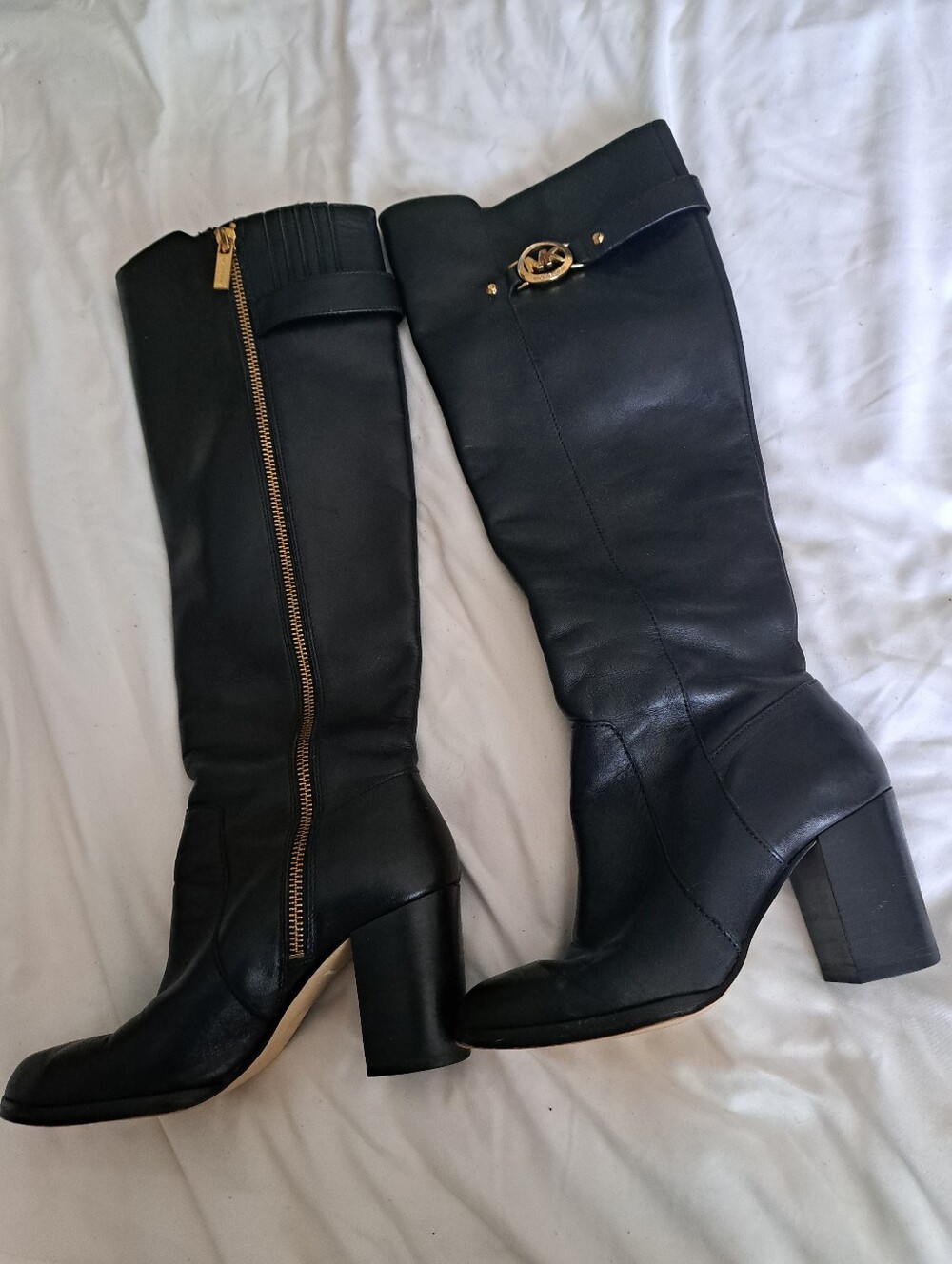 Micheal Kors Black Leather Knee-High Block Heel Boots with Gold Accent
